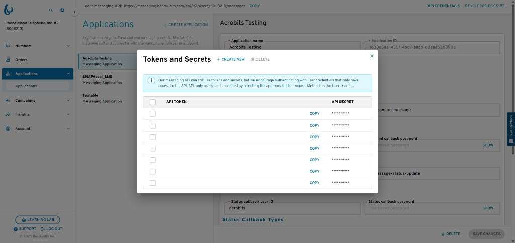 Bandwidth API credentials