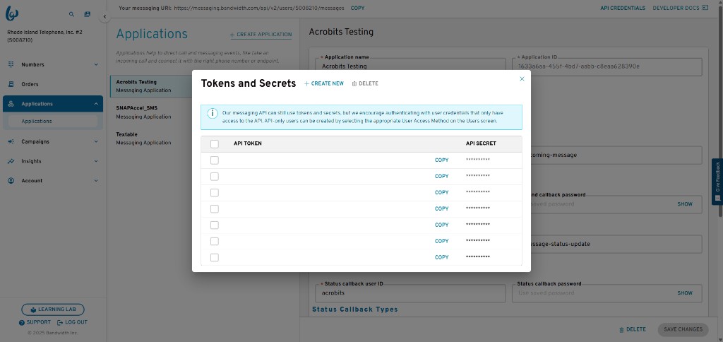 Bandwidth API credentials