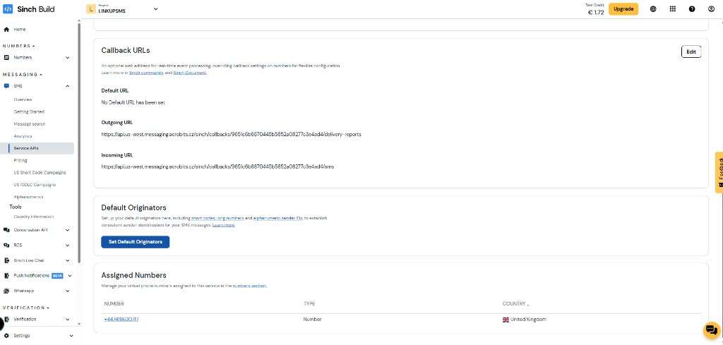 Sinch callback URL configuration