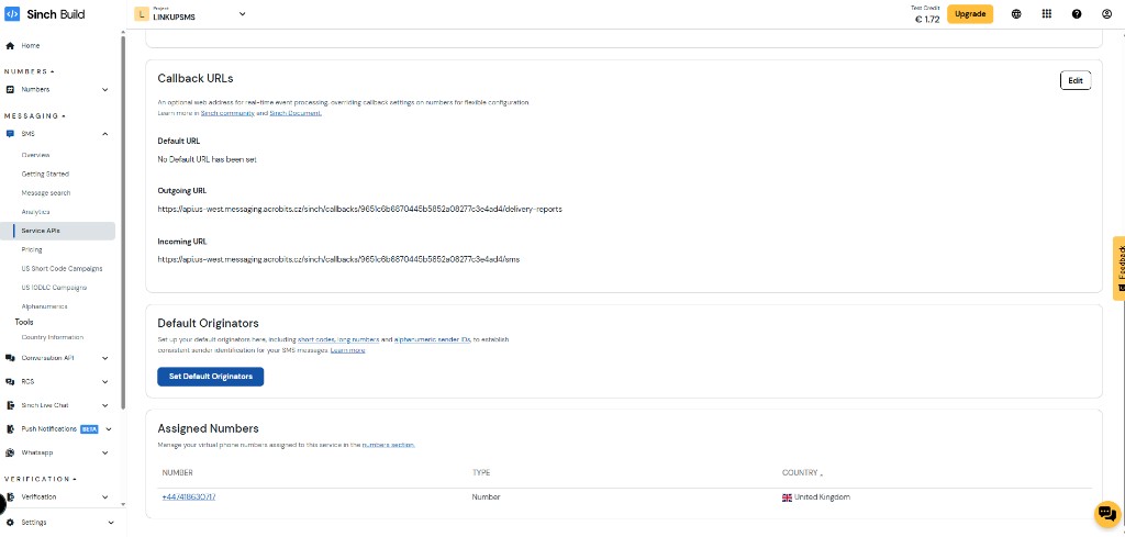 Sinch callback URL configuration