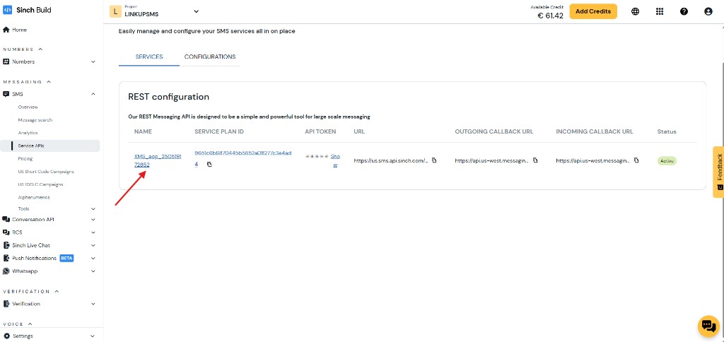 Sinch service API list