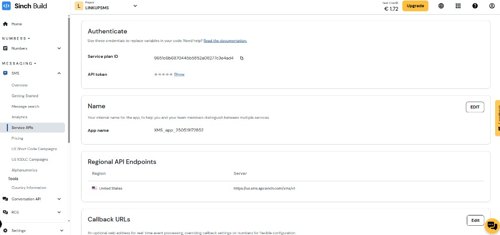 Sinch service plan authentication details